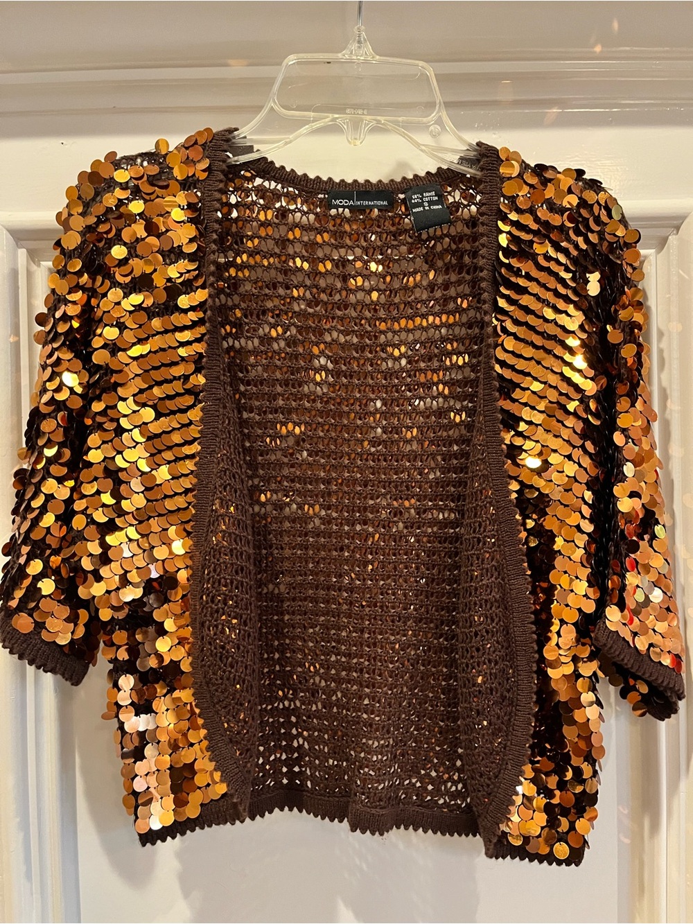 Moda International Brown Knit Open-Front Cardigan with Gold Sequins